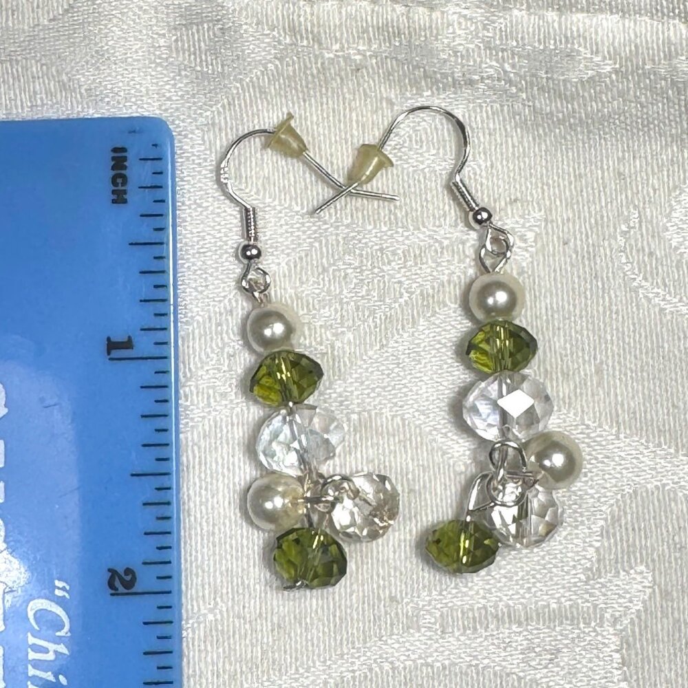 Handmade Sterling Silver Earrings W/ Freshwater Pearls & Green Multifaceted Crys - Picture 11 of 15